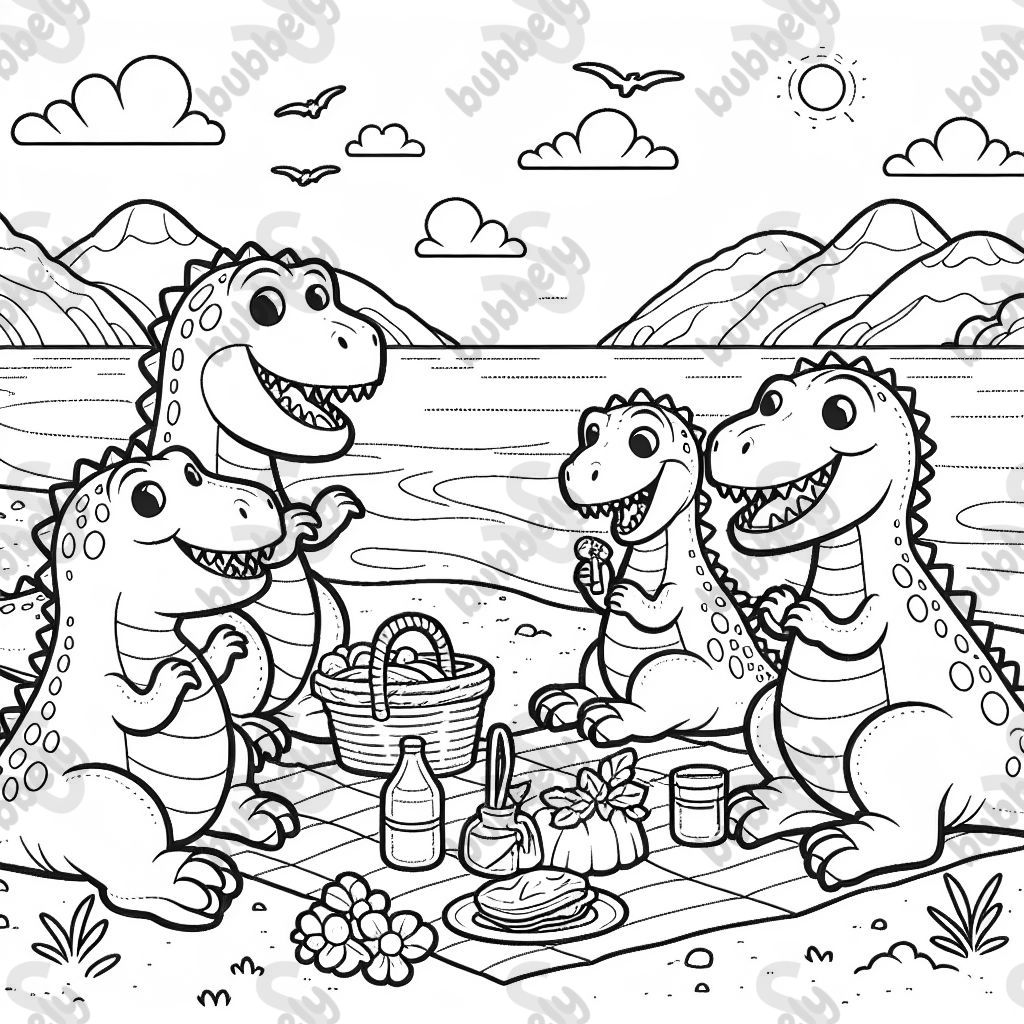 bestfriend dinosaurs at the beach having a picnic