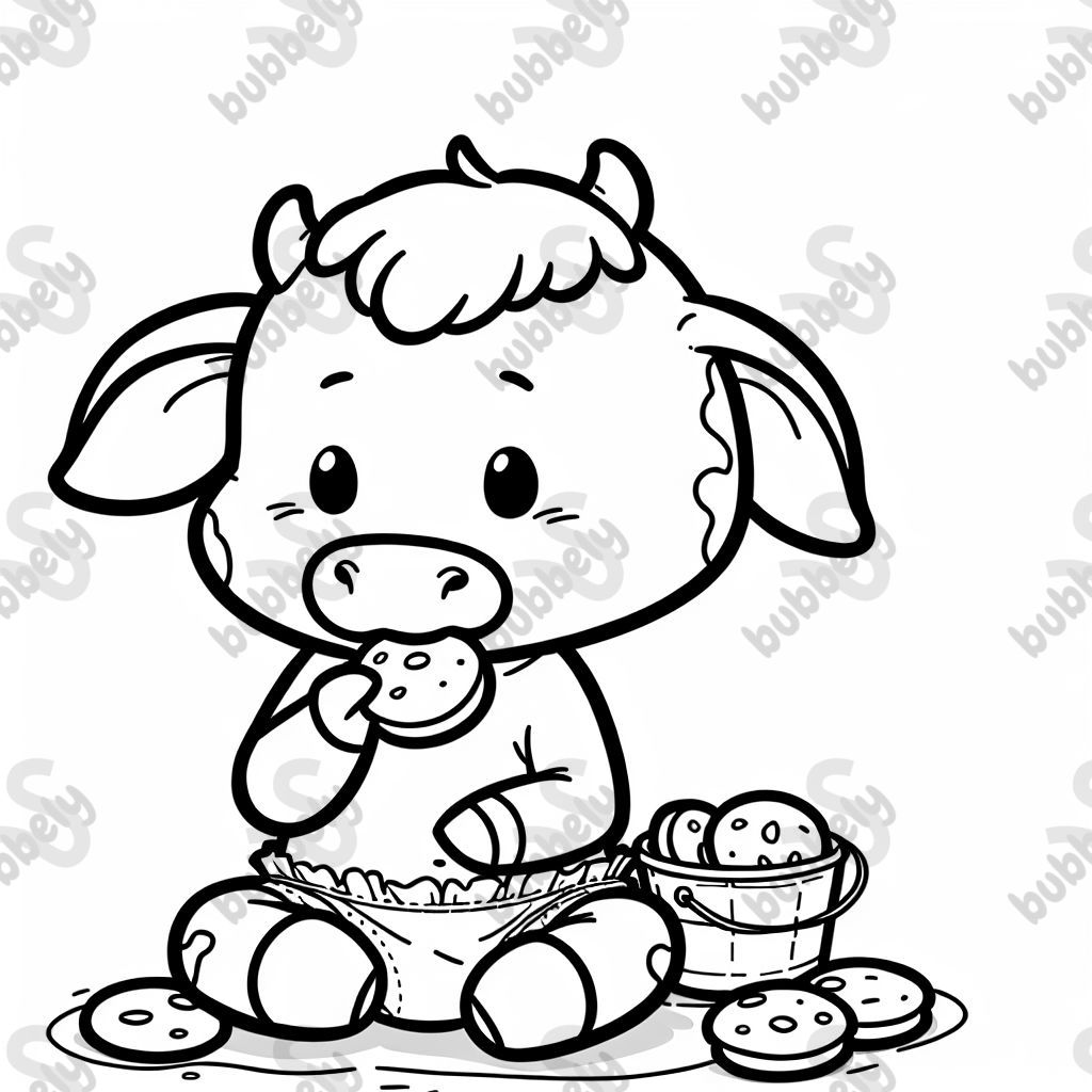 Bébé vache avec une couche mangeant des cookies.