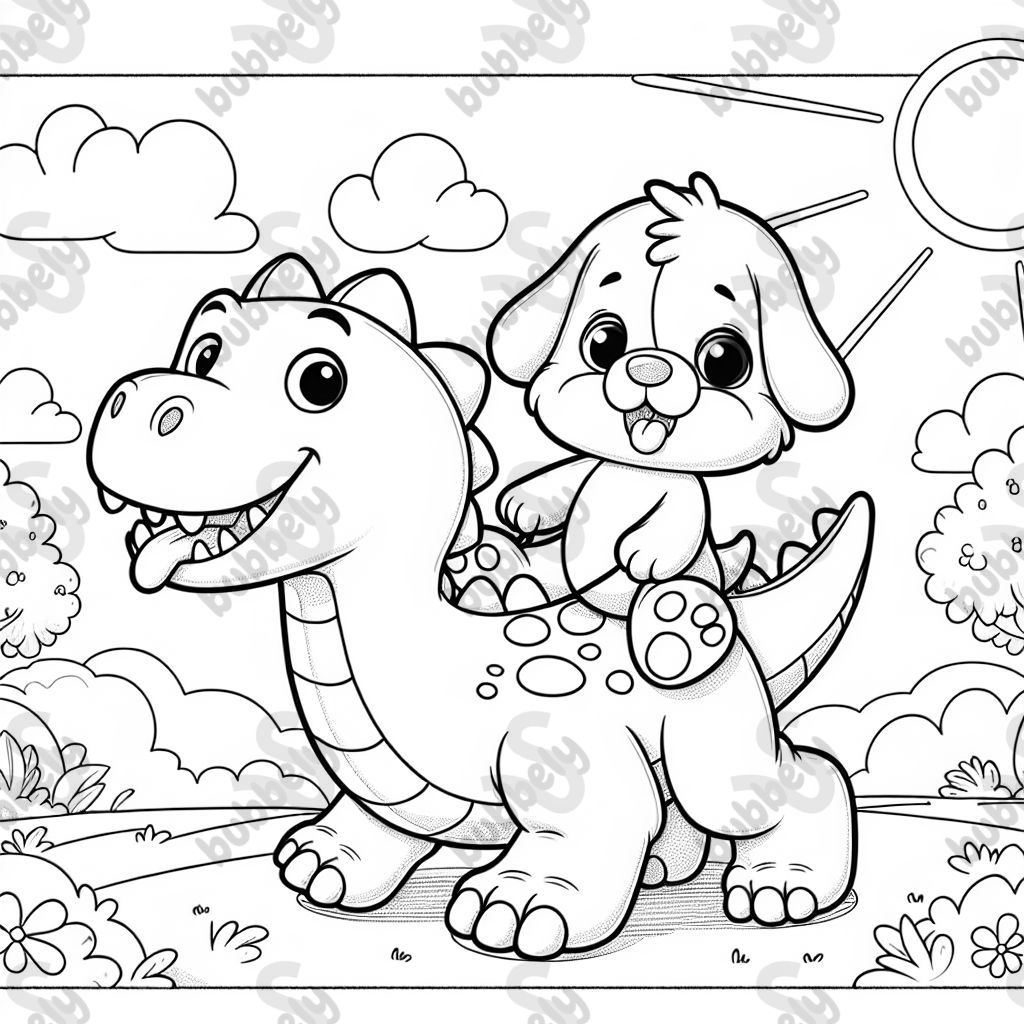 puppy riding dinosaur