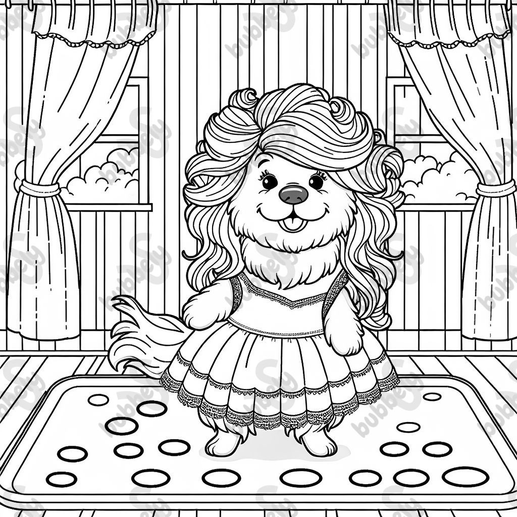 dog in wig and dress