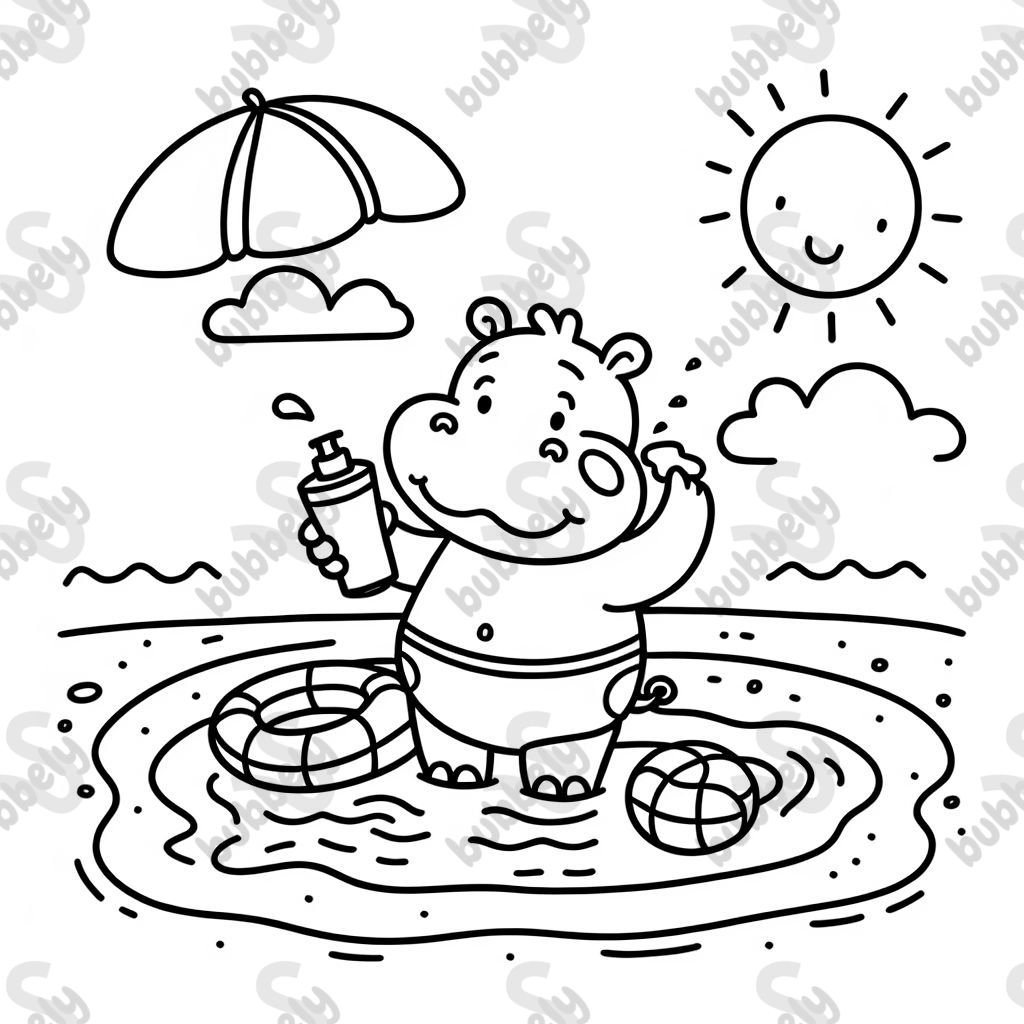 hippo au bord de la piscine en train de mettre de la crème solaire hippo au bord de la piscine en train de mettre de la crème solaire