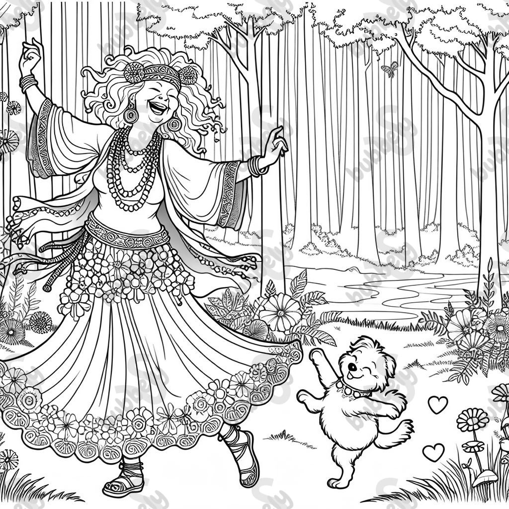 Older hippie woman dancing in a forest with a small dog