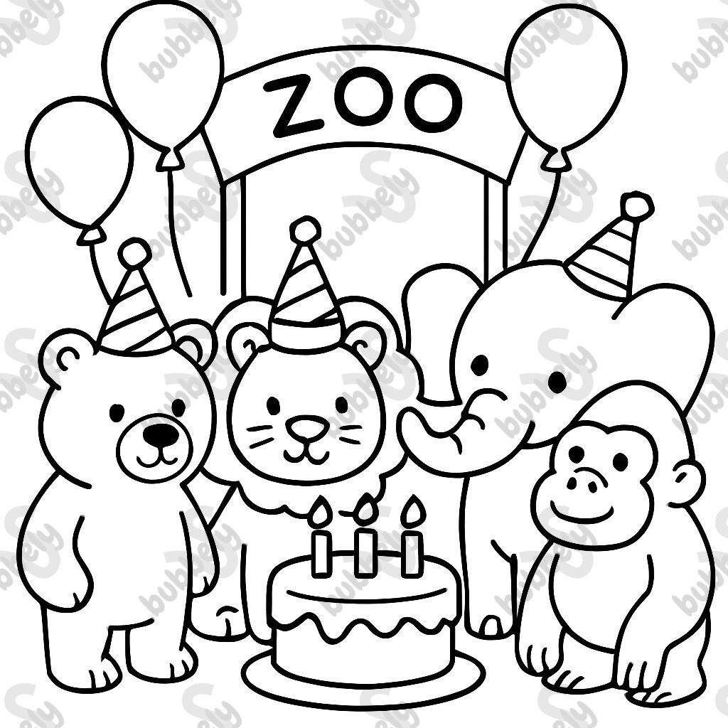eine geburtstagsparty mit einem bär einem löwen einem elefanten und einem gorilla vor einem zoo eingang die tiere stehen um eine geburtstagstorte mit 3 kerzen herum füge drei luftballons hinzu