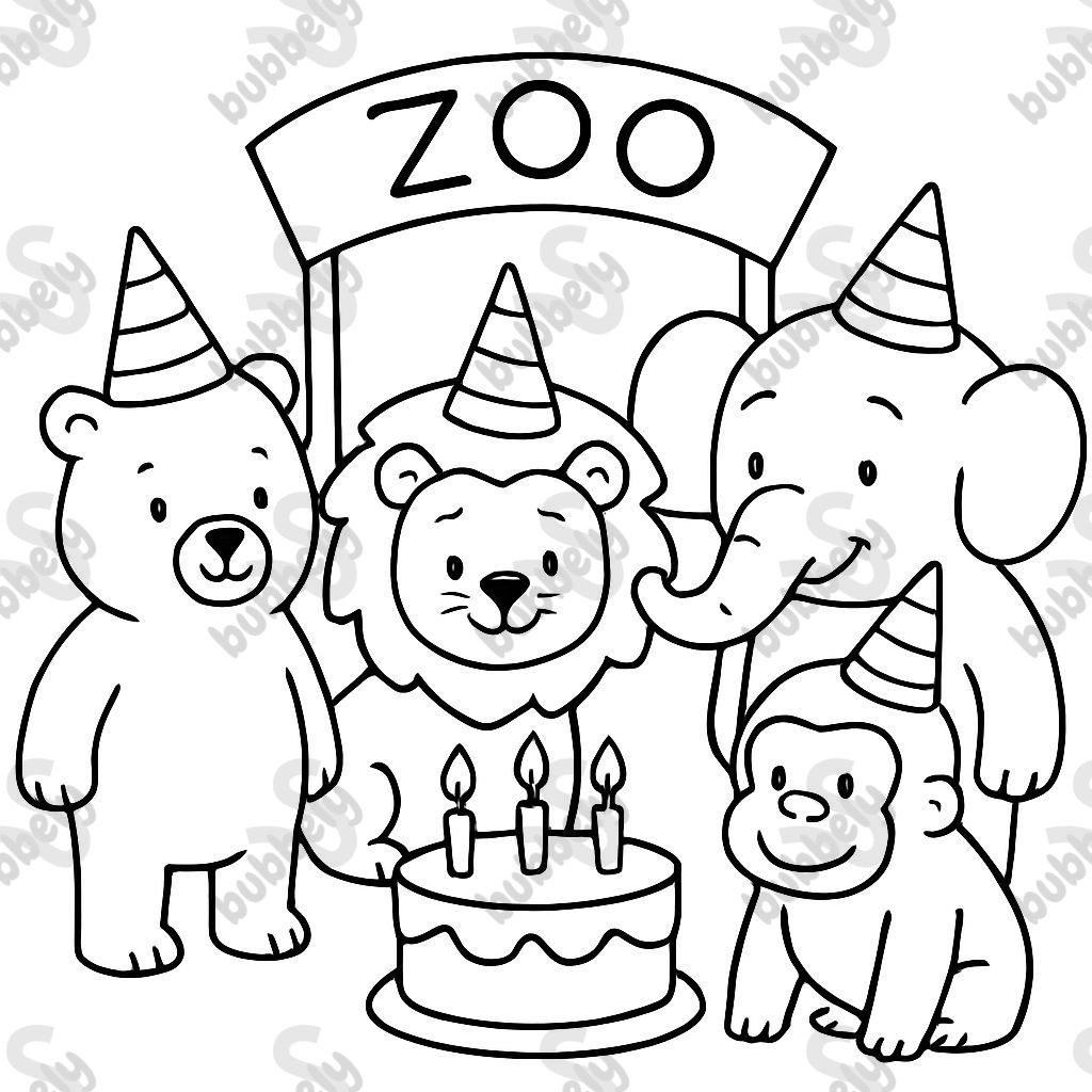 a birthday party with a bear, a lion, an elephant, and a gorilla in front of a zoo entrance; the animals are gathered around a birthday cake with three candles