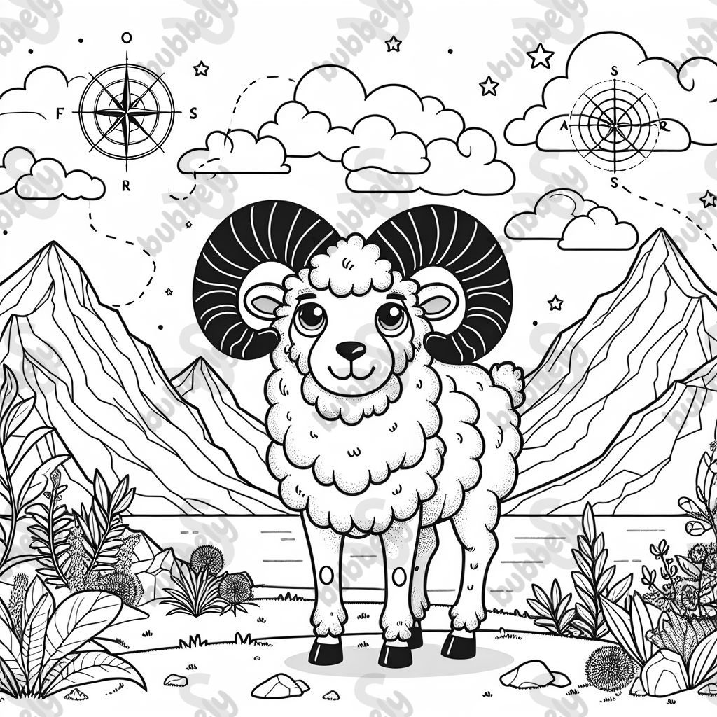 Black and white line drawing, coloring book style, no shading, clean and smooth outlines. Simple but detailed, designed for kids (ages 7-12). A friendly and cartoonish ram with large curved horns, standing confidently on a mountain landscape. The background includes easy-to-color mountains, complete and natural-looking plants, and a few simple easy to color clouds and stars. DO NOT INCLUDE: compass, astrological charts or signs. Black and white line drawing, coloring book style, no shading, clean and smooth outlines. Simple but detailed, designed for kids (ages 7-12). A friendly and cartoonish ram with large curved horns, standing confidently on a mountain landscape. The background includes easy-to-color mountains, complete and natural-looking plants, and a few simple easy to color clouds and stars. DO NOT INCLUDE: compass, astrological charts or signs.