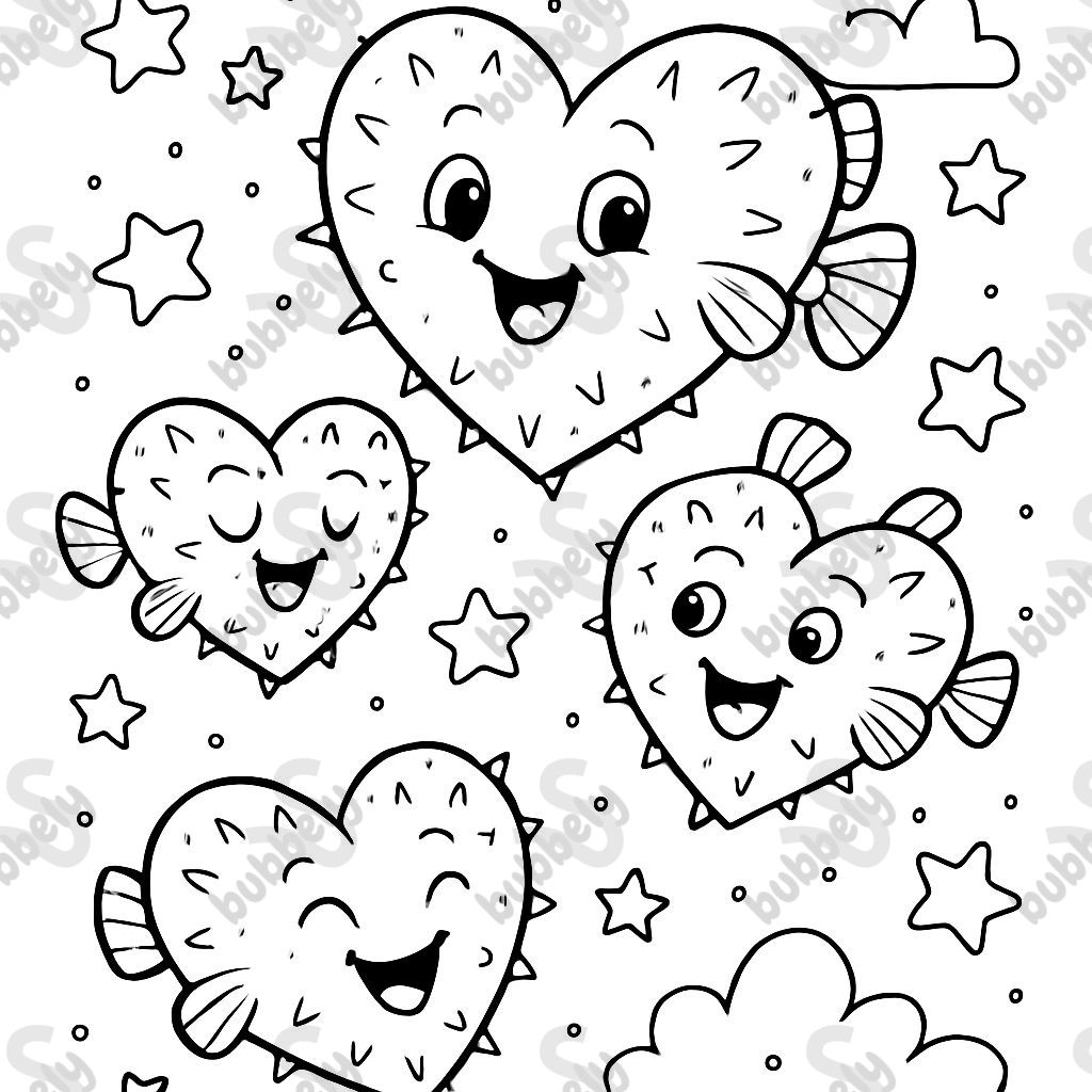A bunch of happy heart-shaped puffer fish floating in the starry sky. A bunch of happy heart-shaped puffer fish floating in the starry sky.