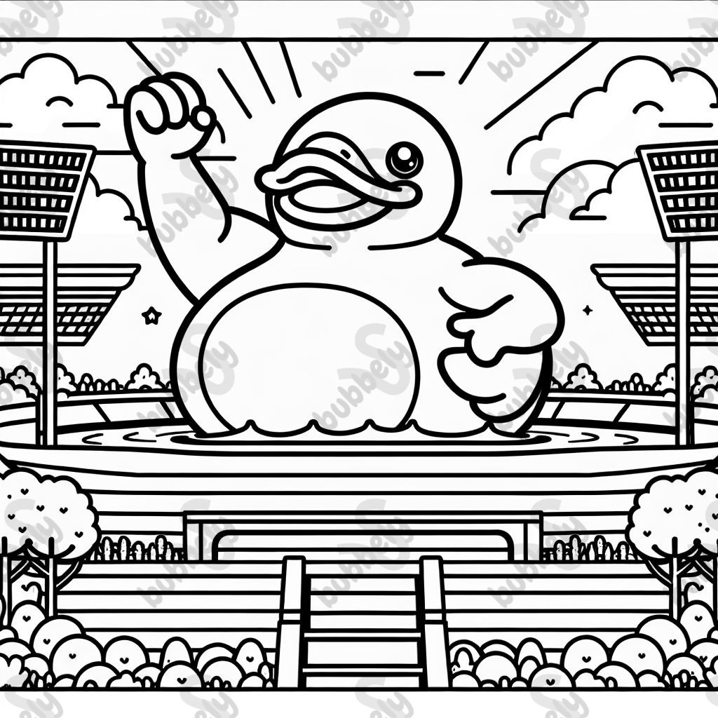 A scary giant rubber duck over a stadium 