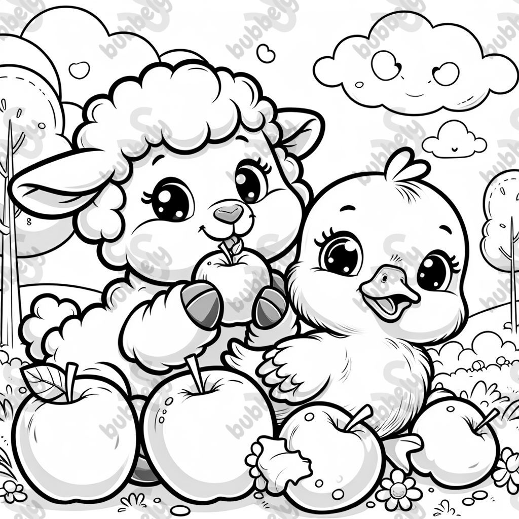 Lamb and duckling eating apples