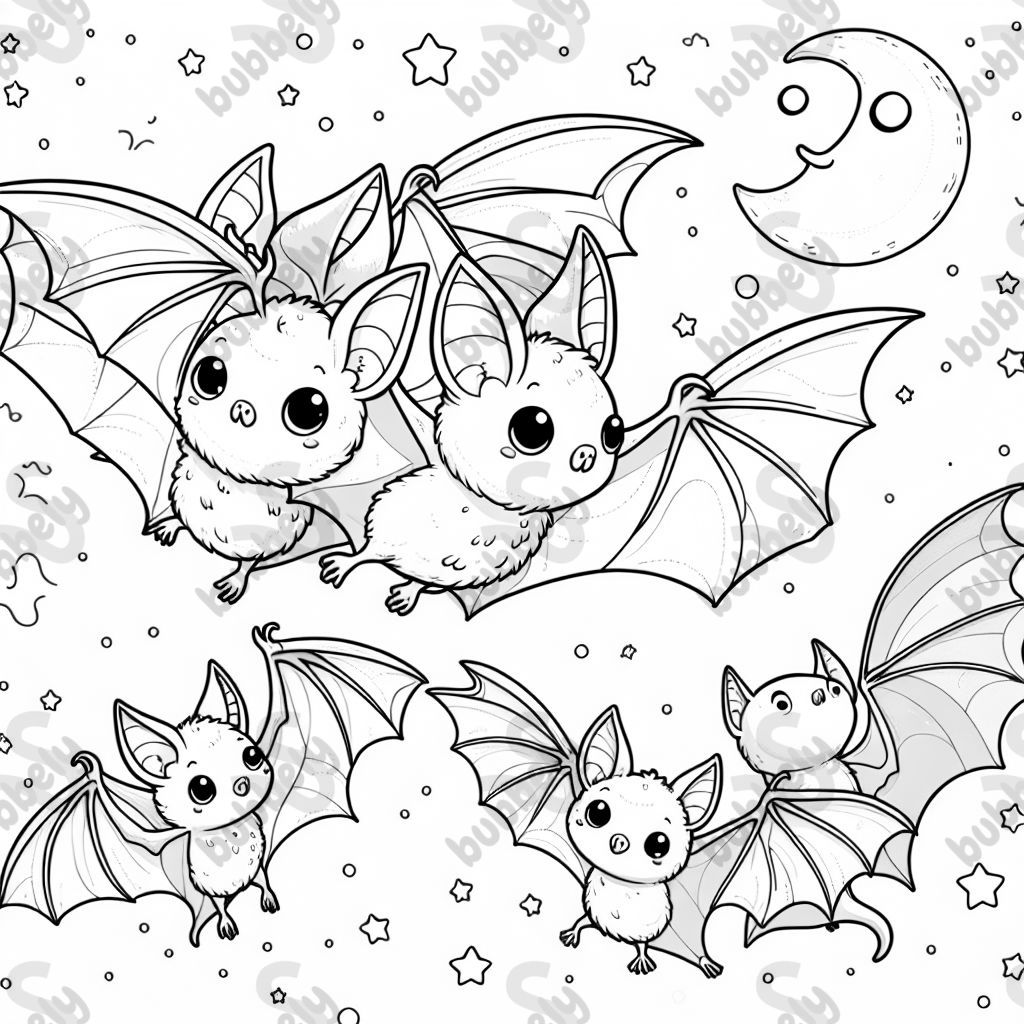 A colorful coloring page featuring the bat family in the night sky. Perfect for kids to unleash their creativity and experience the beauty of the night.