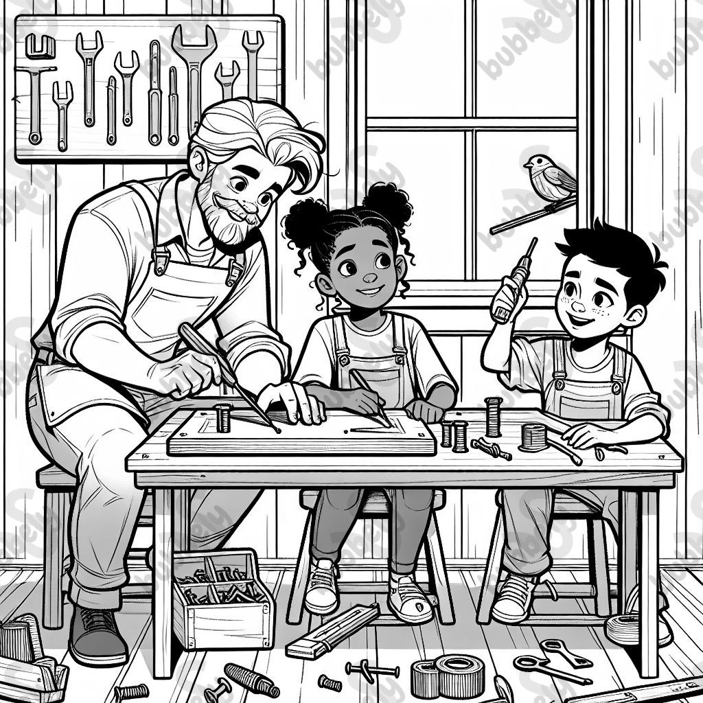 Papa construit des choses avec des outils et des enfants. Papa construit des choses avec des outils et des enfants.