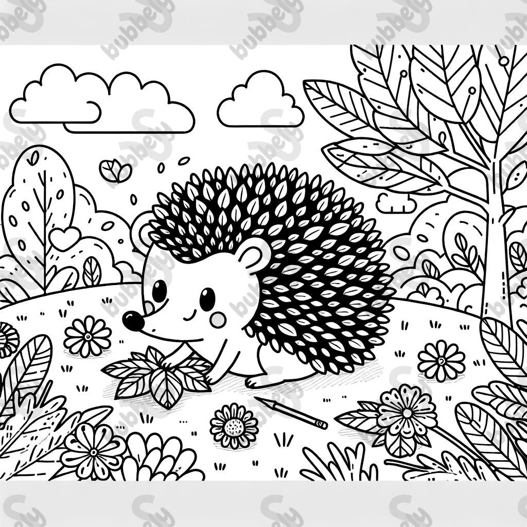 A hedgehog surrounded by leaves, perfect for a coloring page.