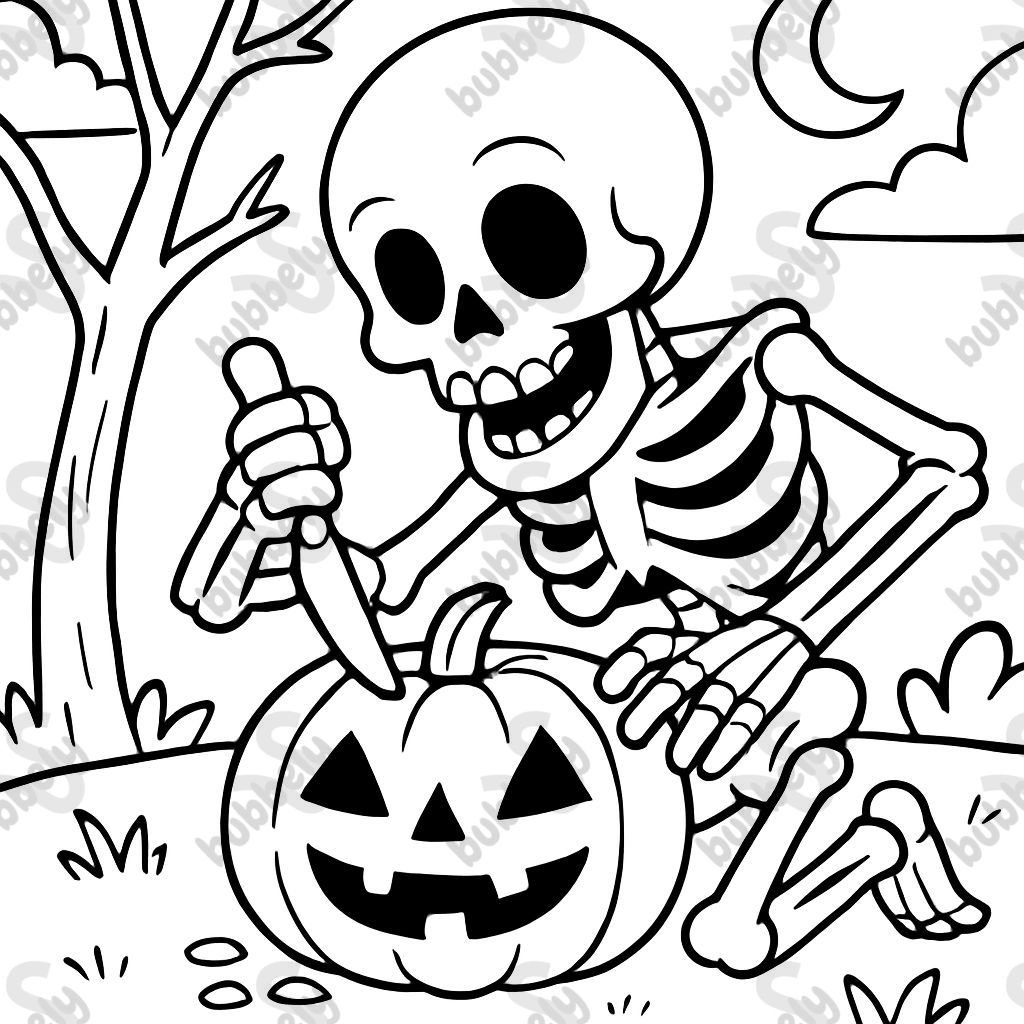 A skeleton carving a pumpkin