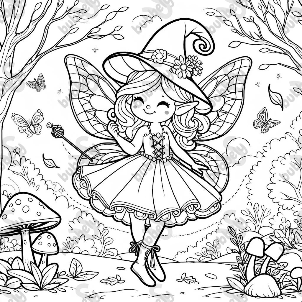 A magical autumn fairy surrounded by colorful leaves and natural elements of the fall season. Perfect for kids to color.
