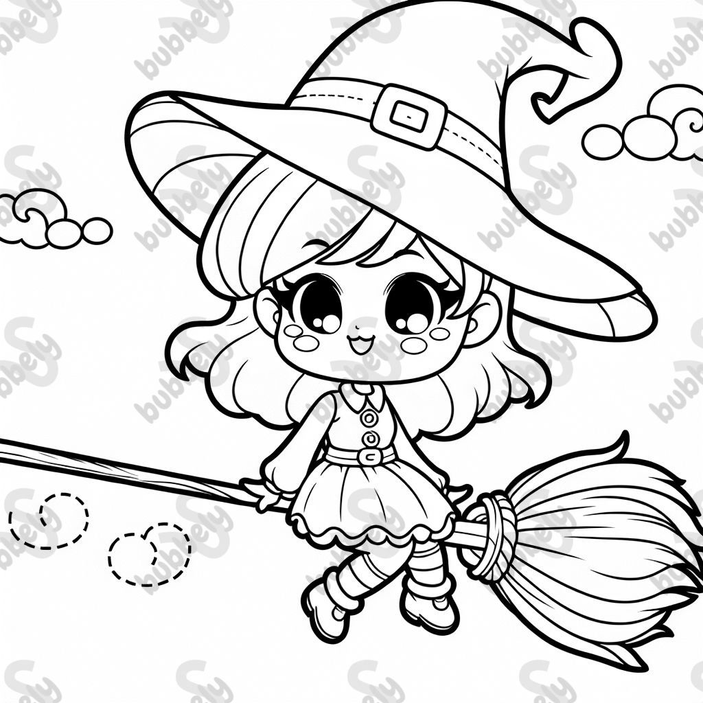 Cute witch on a broom.