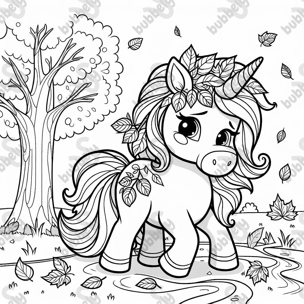 A fall unicorn with colorful leaves in the background for coloring.