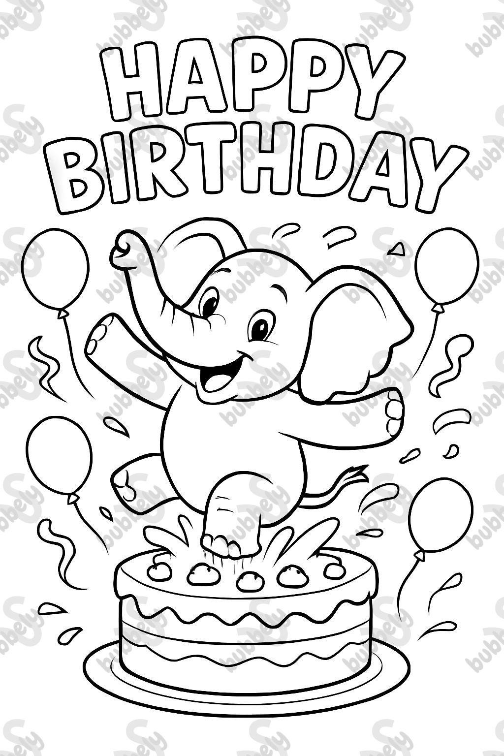 Elephant jumps into birthday cake. Above it is written in Hubble font "Happy Birthday"