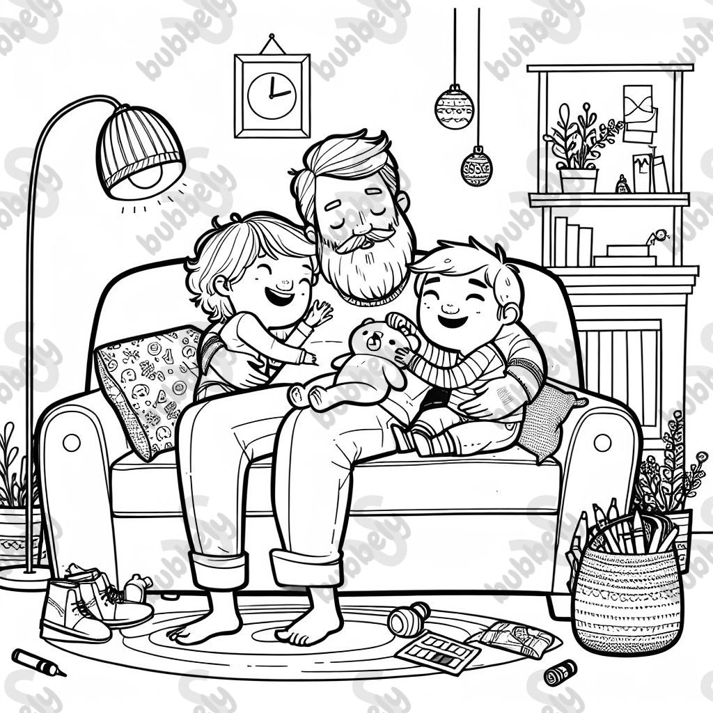 A dad is snuggling with two kids, enjoying their time together.