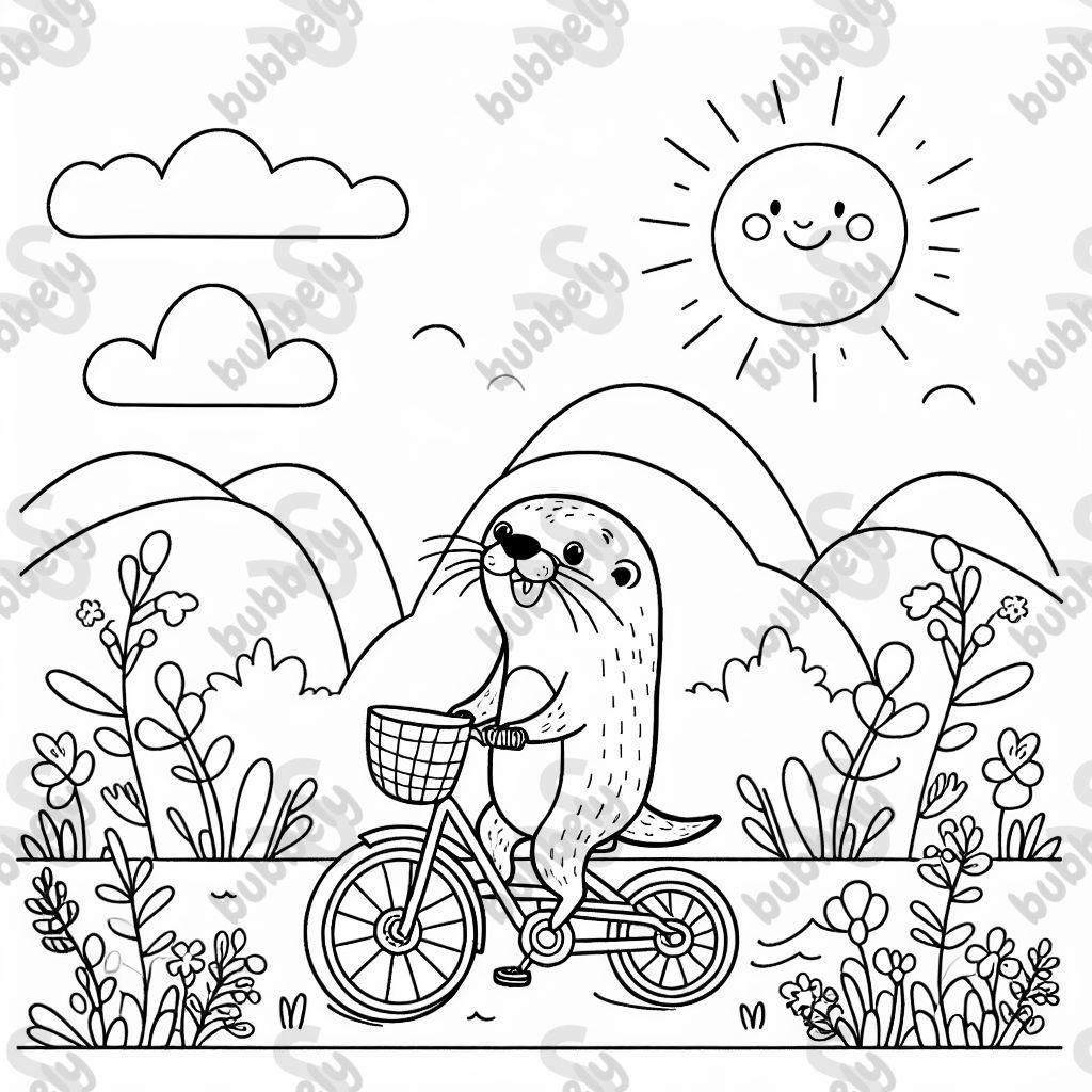 A cute otter riding a bicycle. Perfect for kids to color.