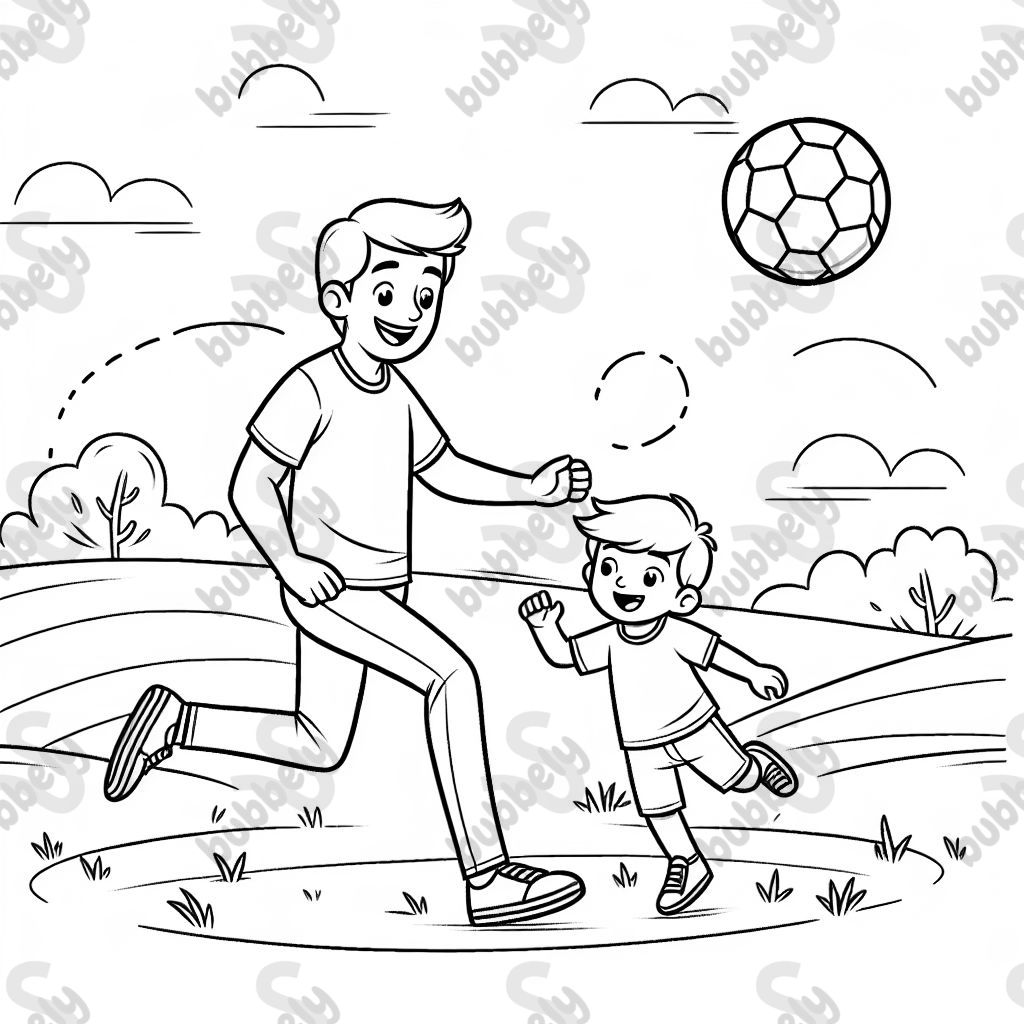 A dad is playing soccer with his child in the park. Perfect for a coloring page featuring family activities.