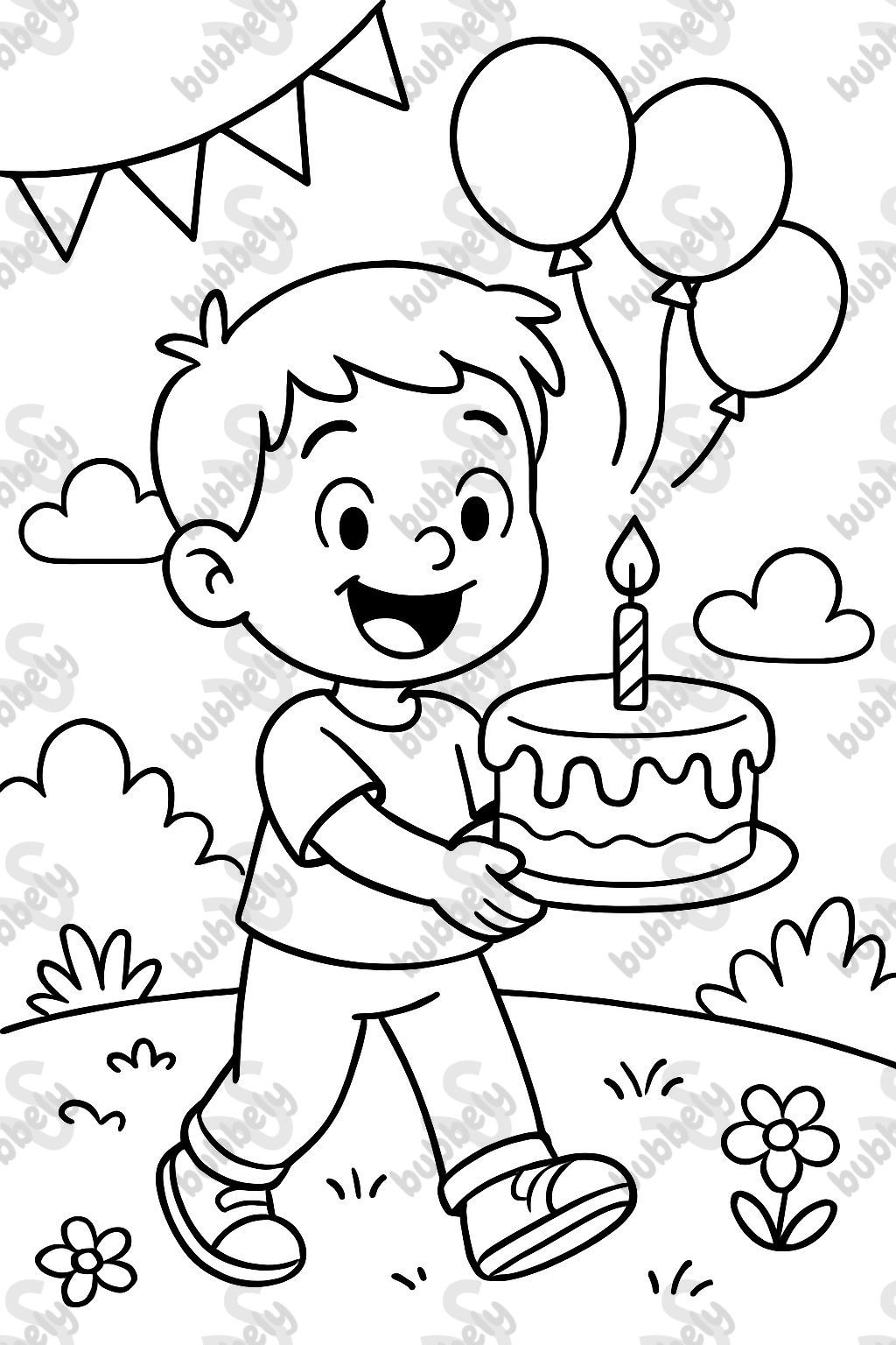 A happy boy holding his first birthday cake.