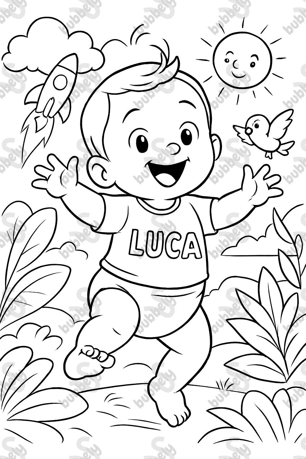 un bébé avec le nom "Luca" sur les vêtements