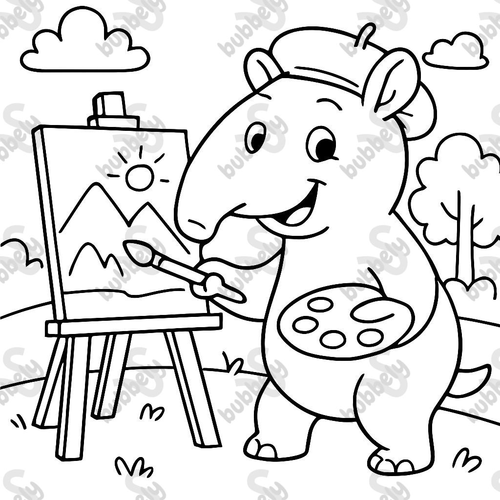 Un tapir peignant une image sur un chevalet