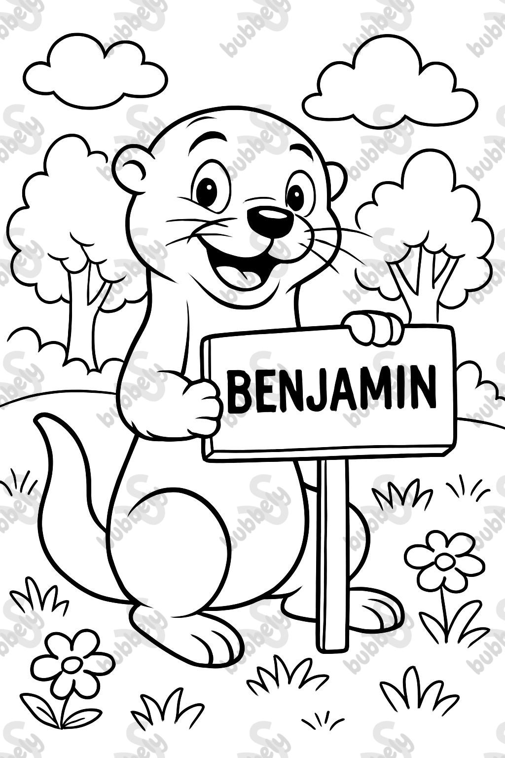 otter with a sign that says "benjamin"