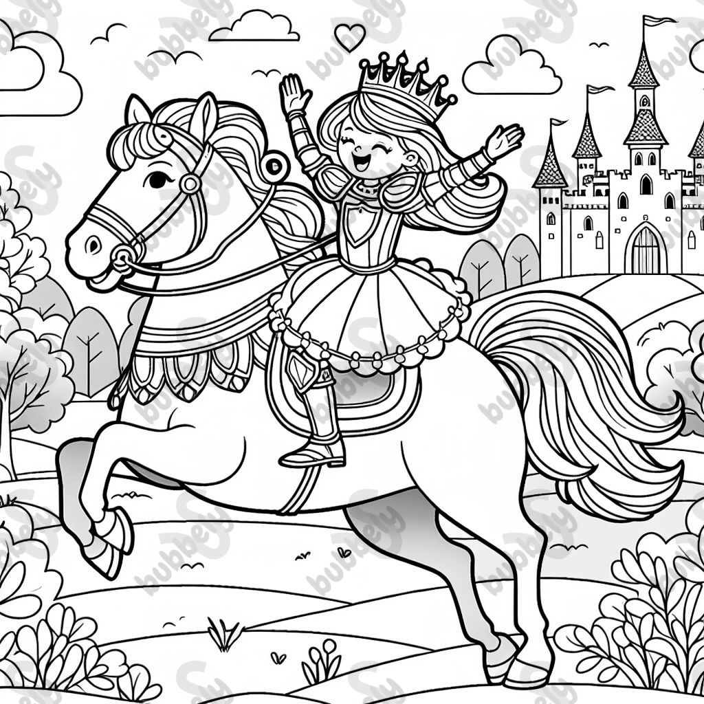 A girl knight riding a horse.