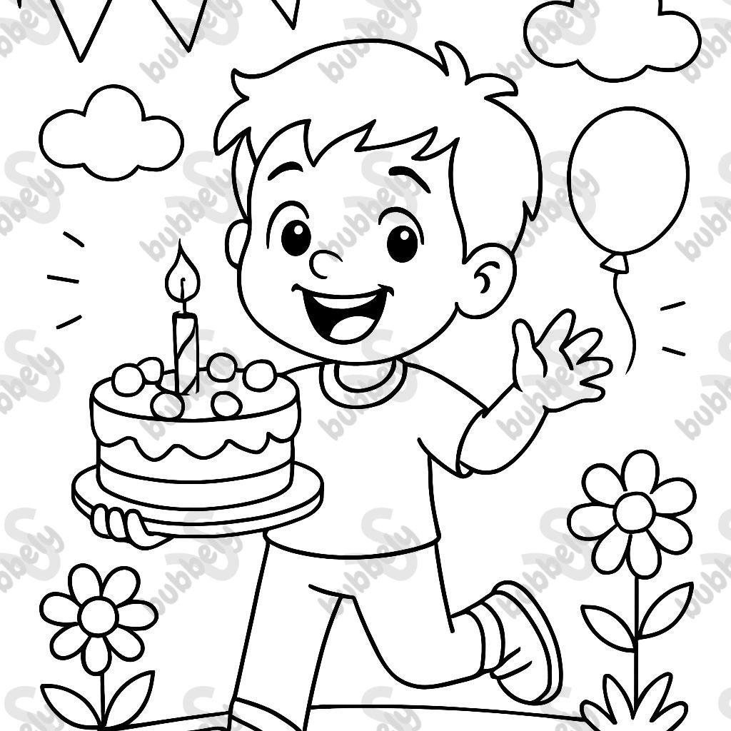 A happy boy holding his first birthday cake.