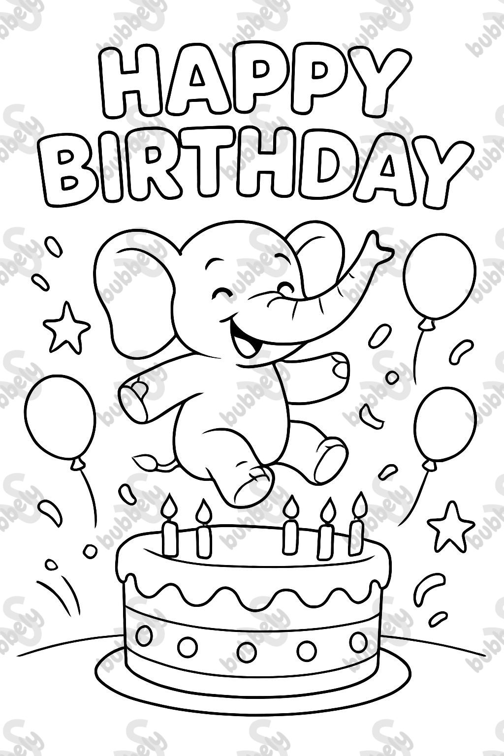 Elephant jumps into birthday cake. Above is written in bubble letters 'Happy Birthday' Elephant jumps into birthday cake. Above is written in bubble letters 'Happy Birthday'