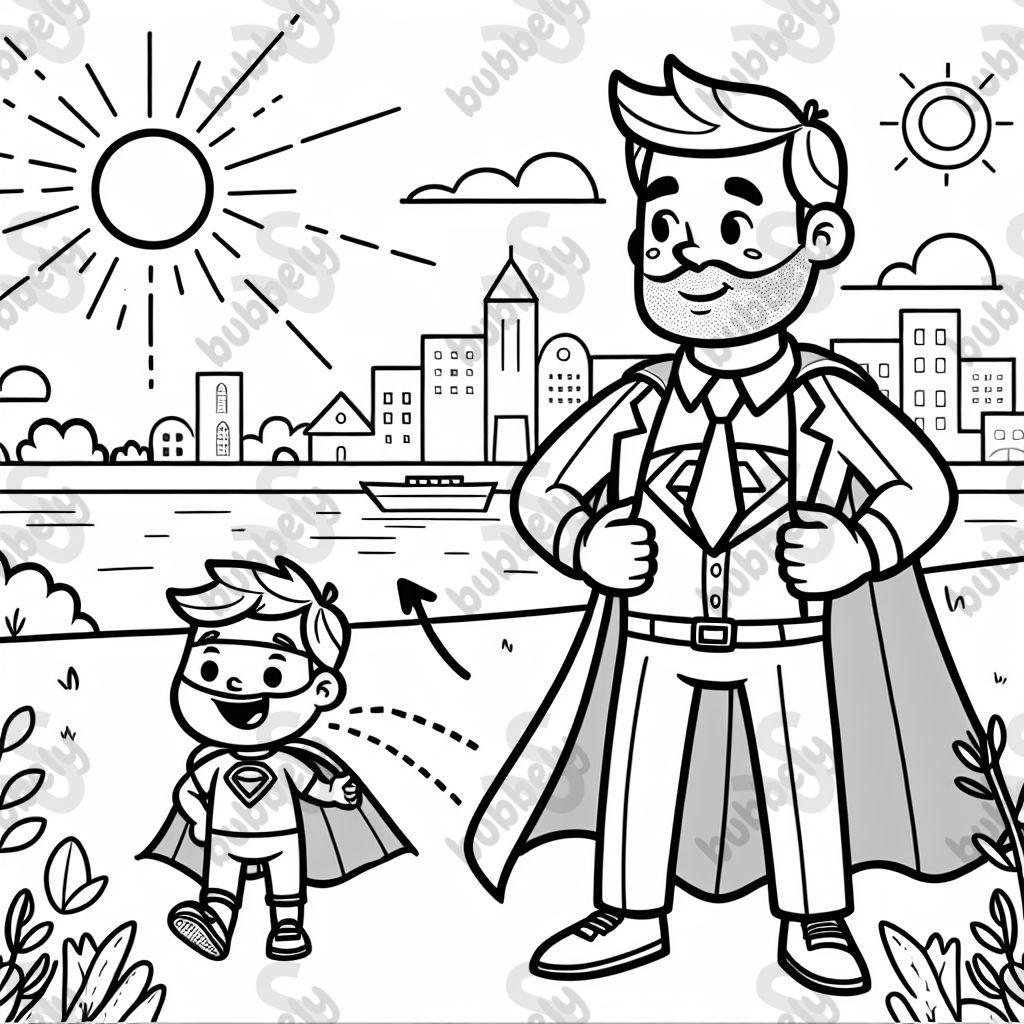 A father depicted as a superhero, wearing a cape and mask, ready to protect his children.