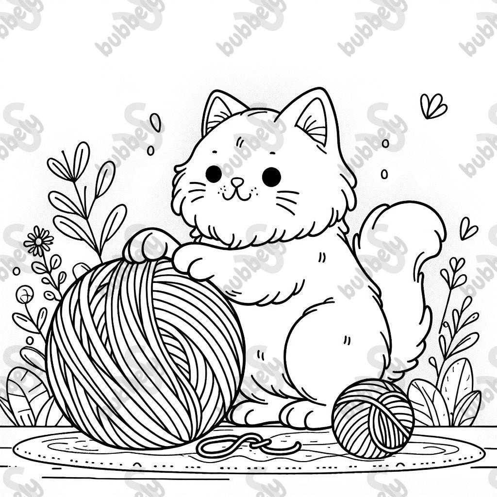 eine Katze die hinter einem Wollknäul steht mit den vorderpfoten auf dem wollknäul, realistische optik