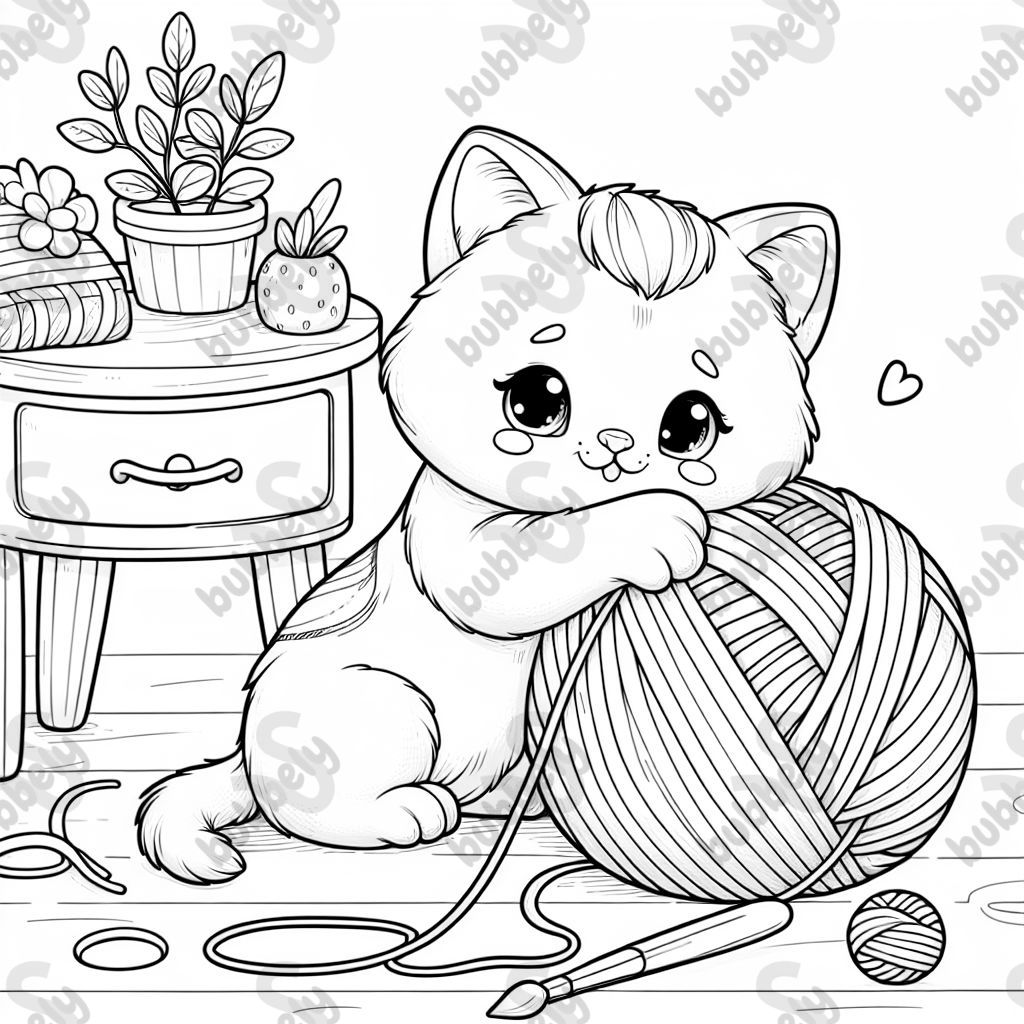 eine süße Katze die mit einem wollknäul spielt, bzw darauf lehnt, mit realistischen katzen features eine süße Katze die mit einem wollknäul spielt, bzw darauf lehnt, mit realistischen katzen features