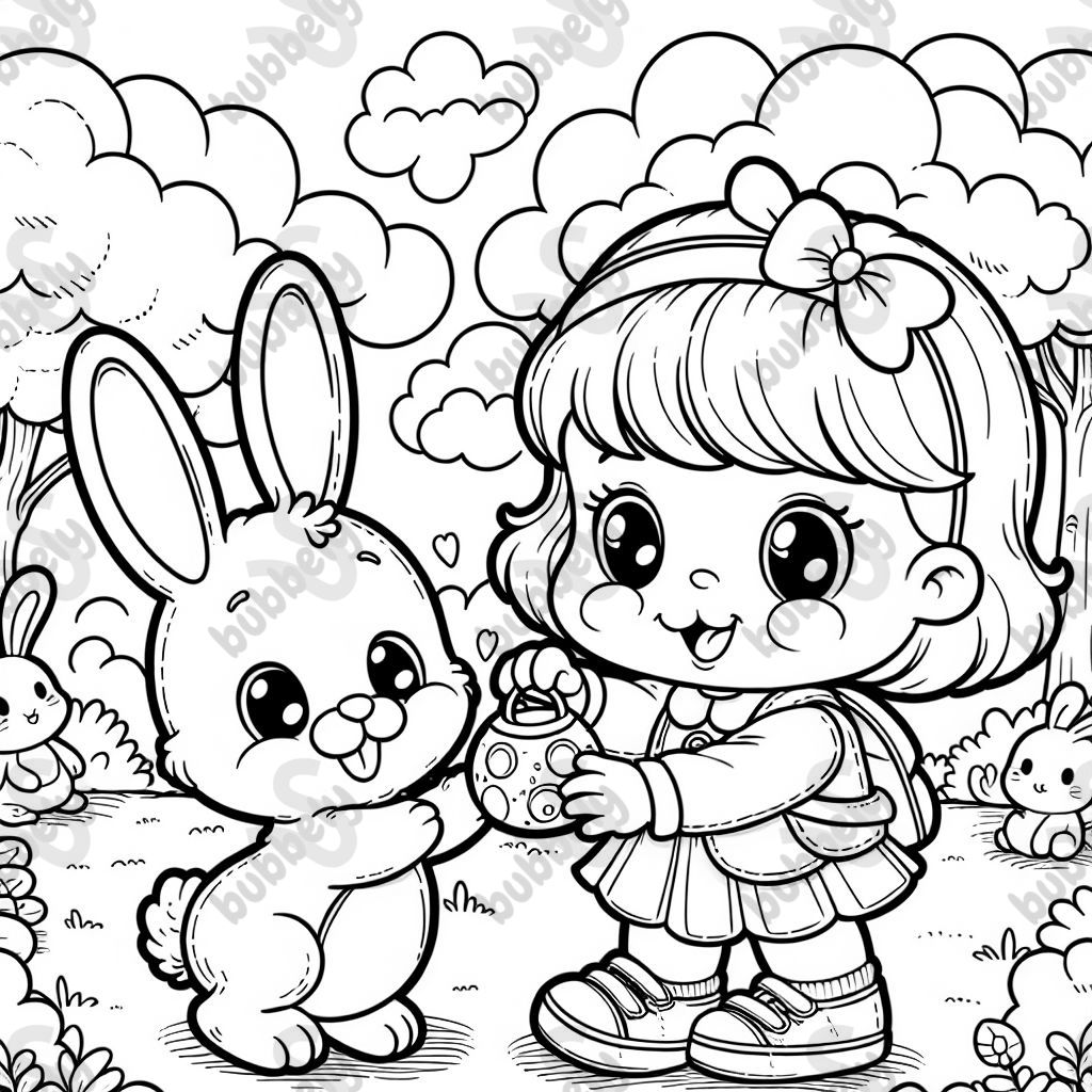 ein süßer Baby Hase, das mit einem kindergarten mädchen spielt