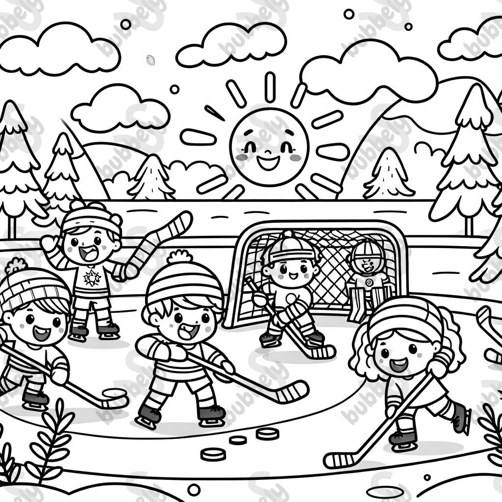 a hockey game on the frozen pond on a sunny winter day