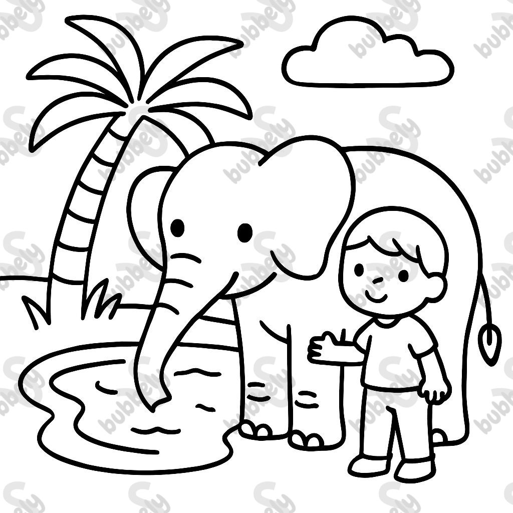 an elephant with a child at an oasis
