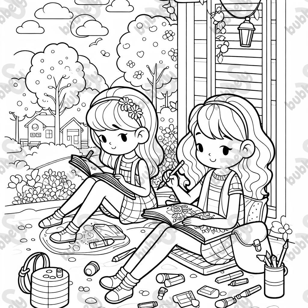 A girl coloring in a coloring book outside