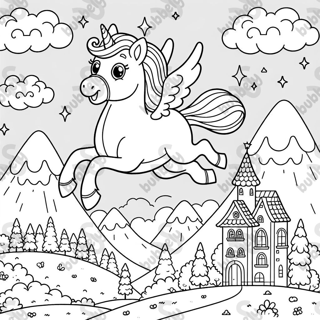 Pegasus flying in mountain kingdom 