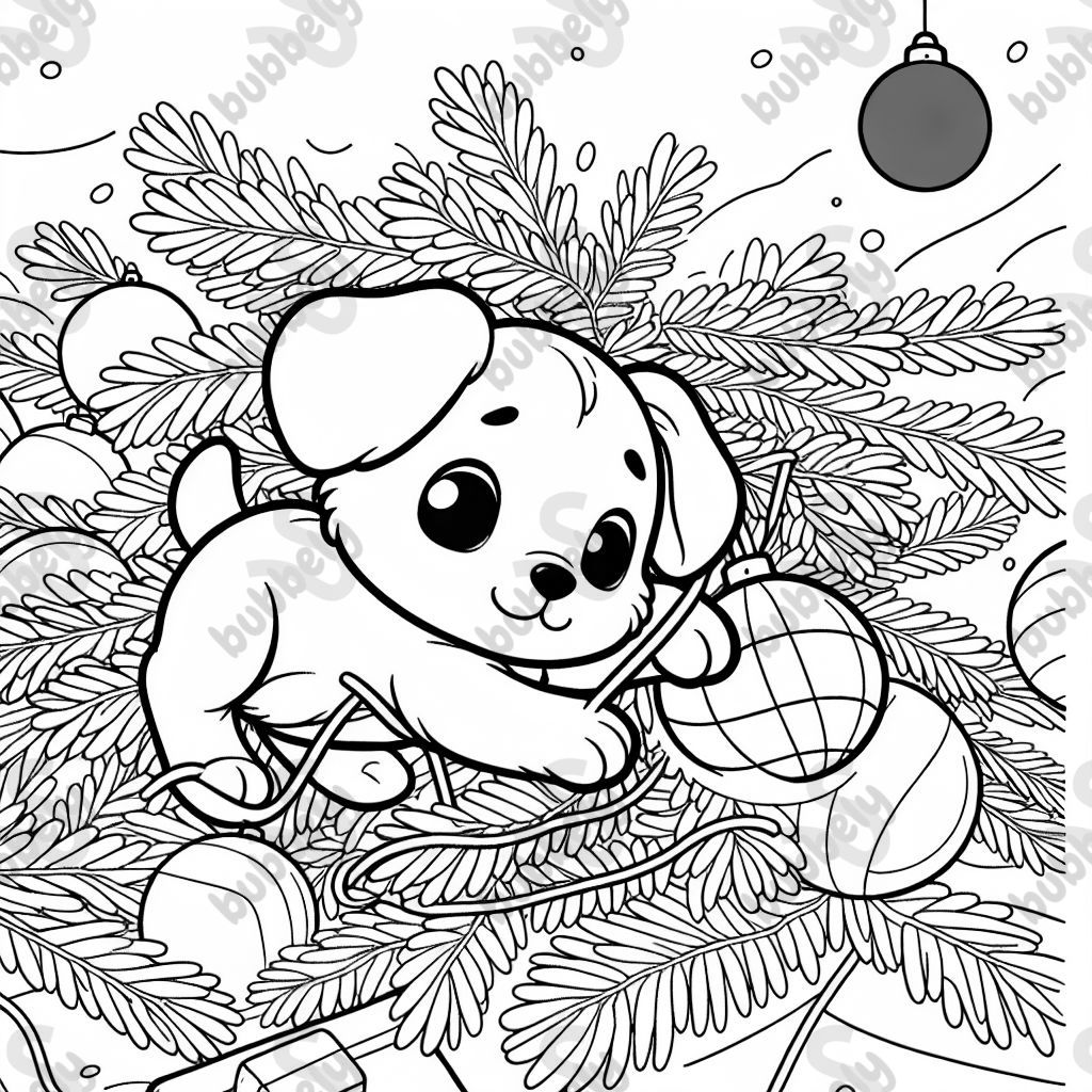 a puppy in a christmas tree