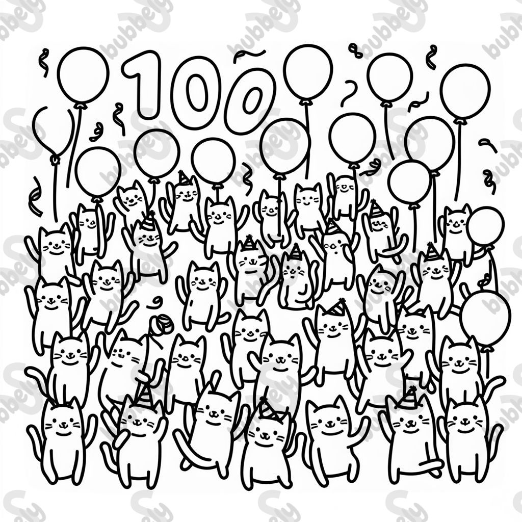 100 cats in a dance party with balloons and streamers