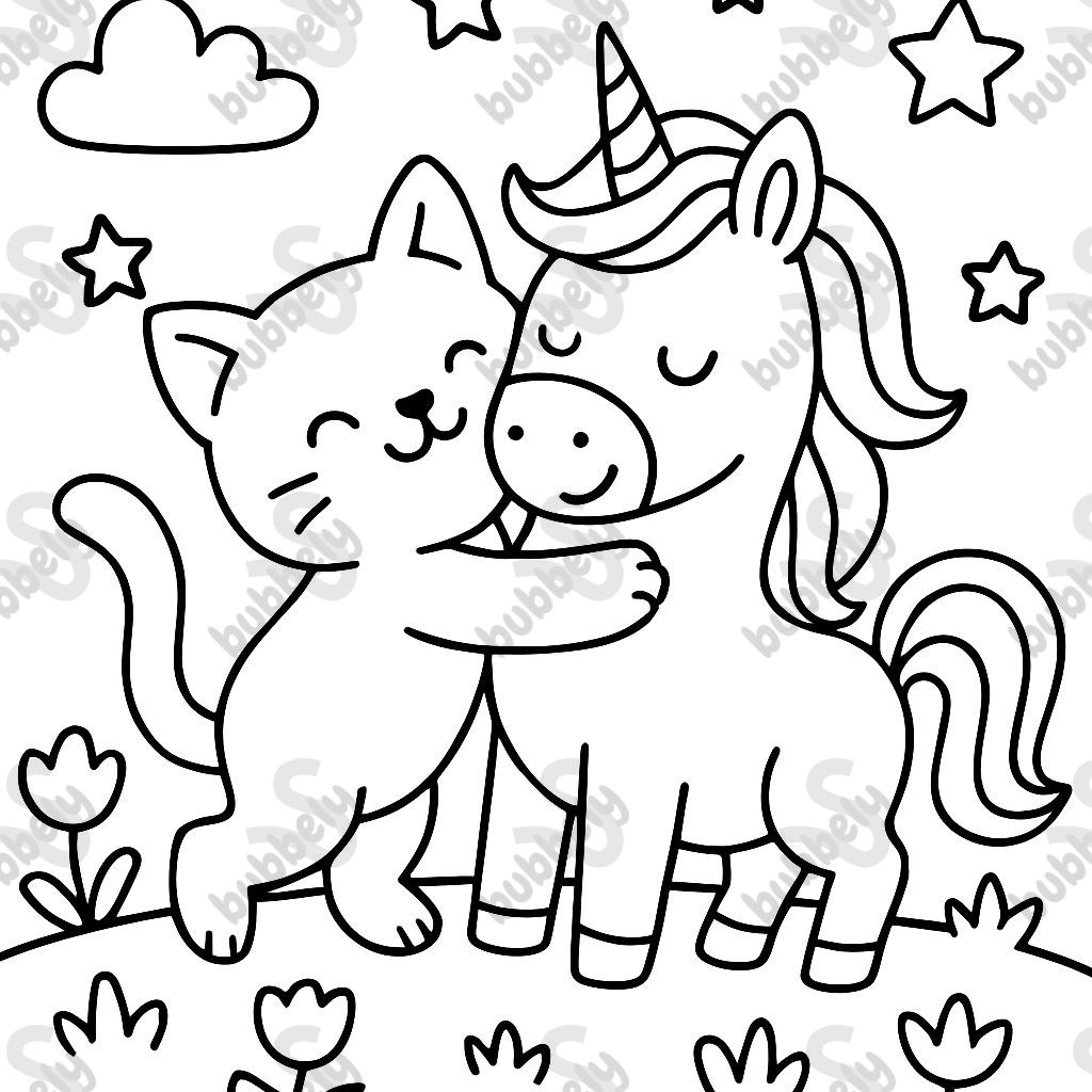 a kitty hugging a unicorn