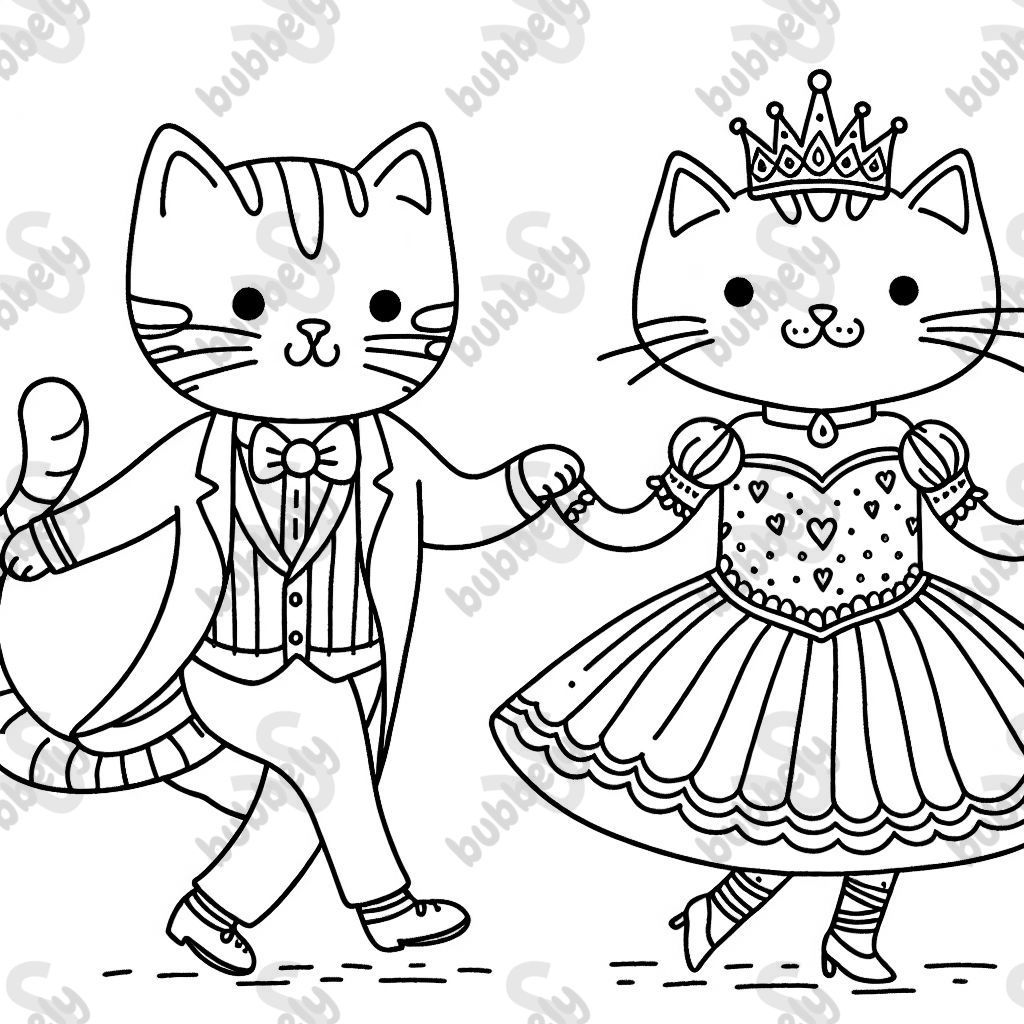 A cat dancing with a queen cat in fancy dresses.