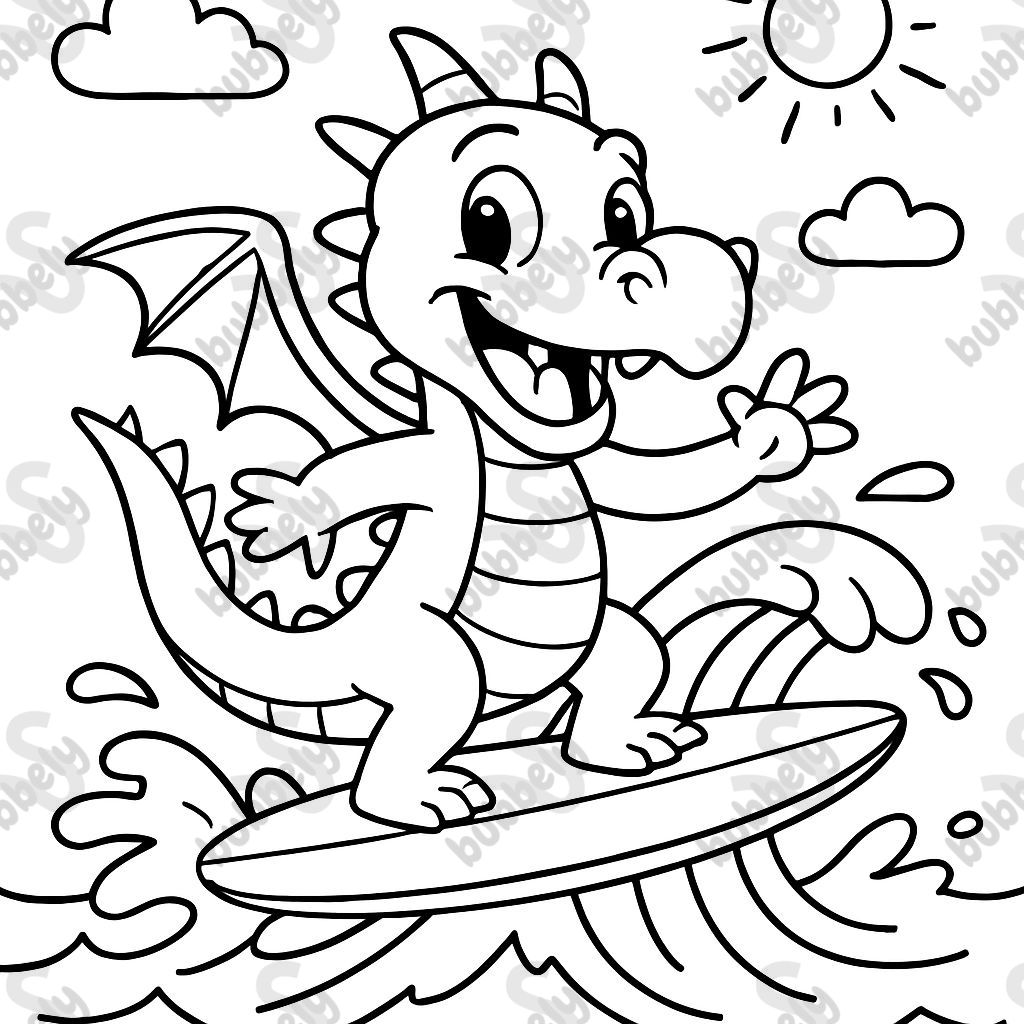 Un dragon chevauchant une planche de surf. Un dragon chevauchant une planche de surf.