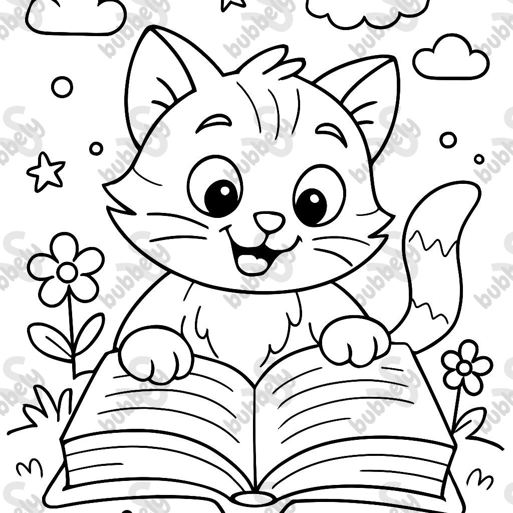 a kitten reading a big book