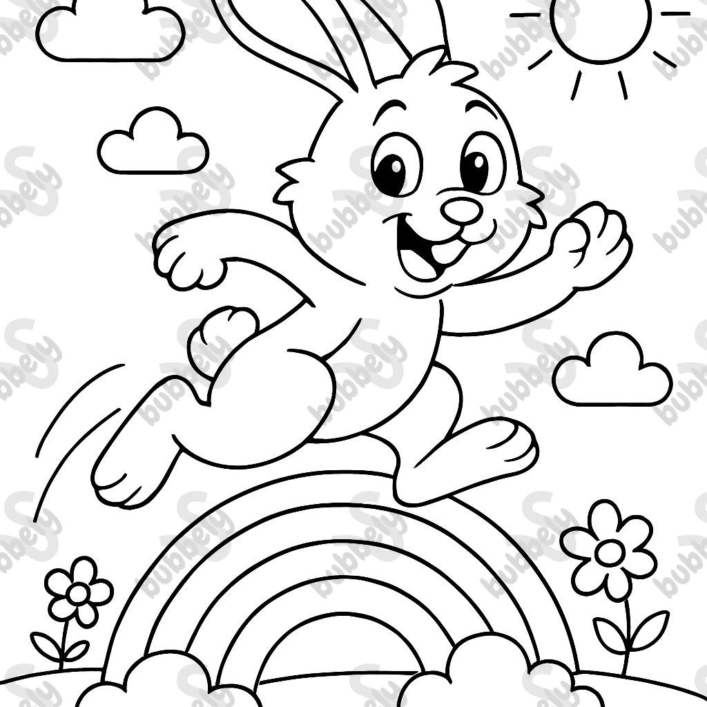 Un lapin sautant par-dessus un arc-en-ciel.
