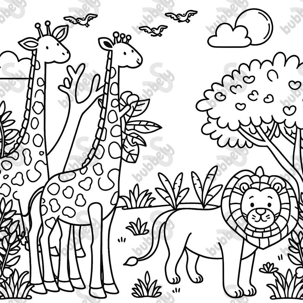 girafe dans la jungle avec des lions