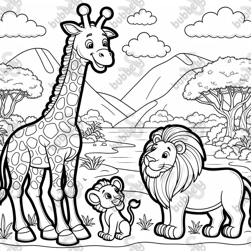 a giraffe in a jungle with lions