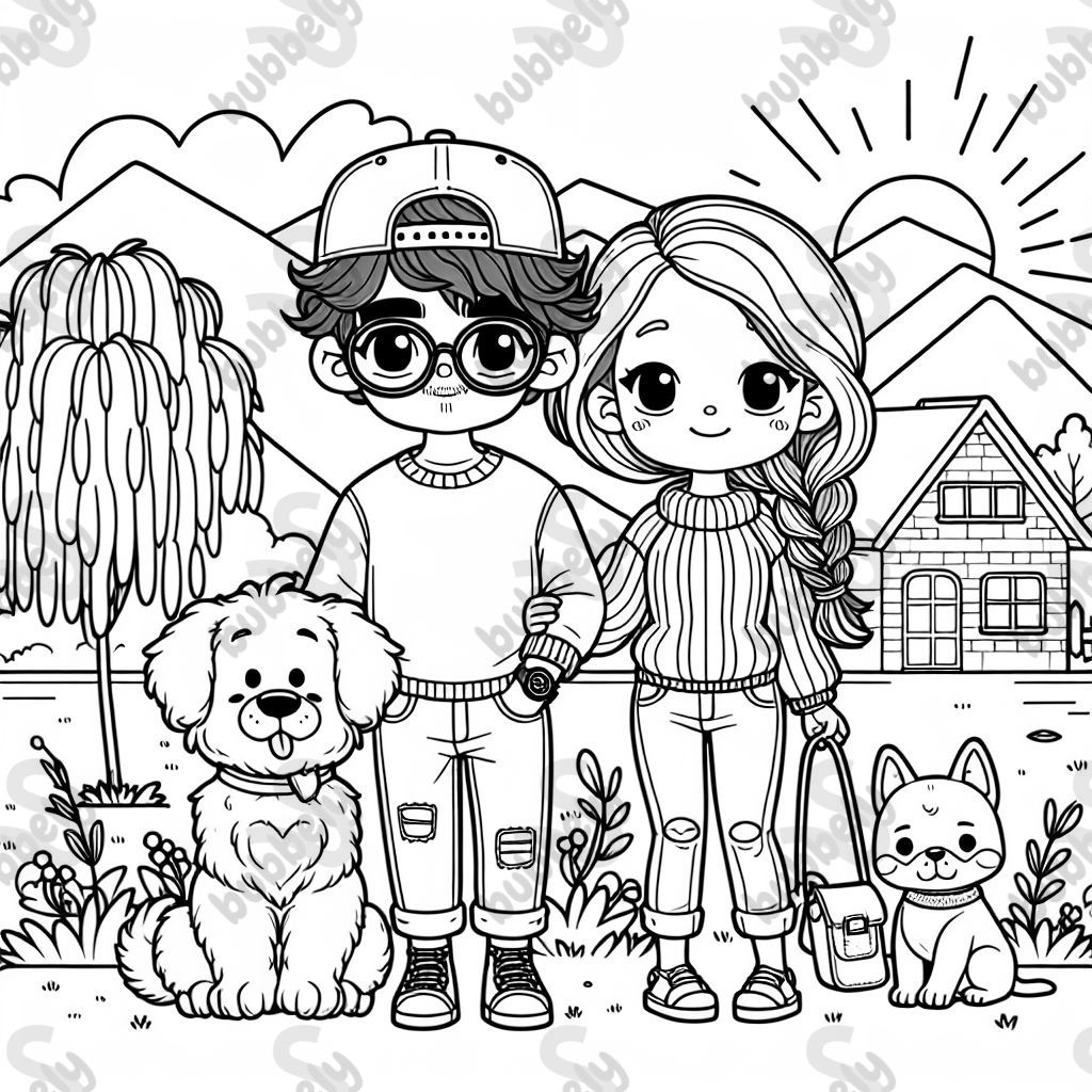 A man with fluffy brown hair, ball cap on his head, square glasses on his face, and a watch on his wrist. A woman with red brown hair in a braid going down the side, she's wearing a sweater, jeans, and sandals on her feet. A fluffy golden retriever and a puppy cane Corso. They are standing outside under a weeping willow tree in front of a house with mountains behind them.