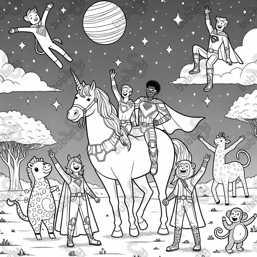 A superhero on a unicorn looking at a planet saying hello. Down below is a dance party with a giraffe, a monkey and a unicorn. A superhero on a unicorn looking at a planet saying hello. Down below is a dance party with a giraffe, a monkey and a unicorn.