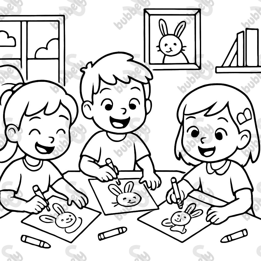 Two girls and a boy painting bunnies on paper.
